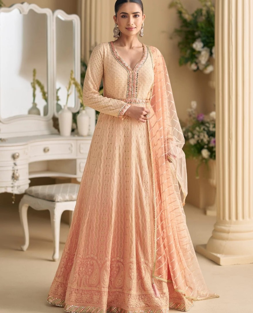 PEACH - Georgette Designer Gown with Beads Work for Festival in Peach